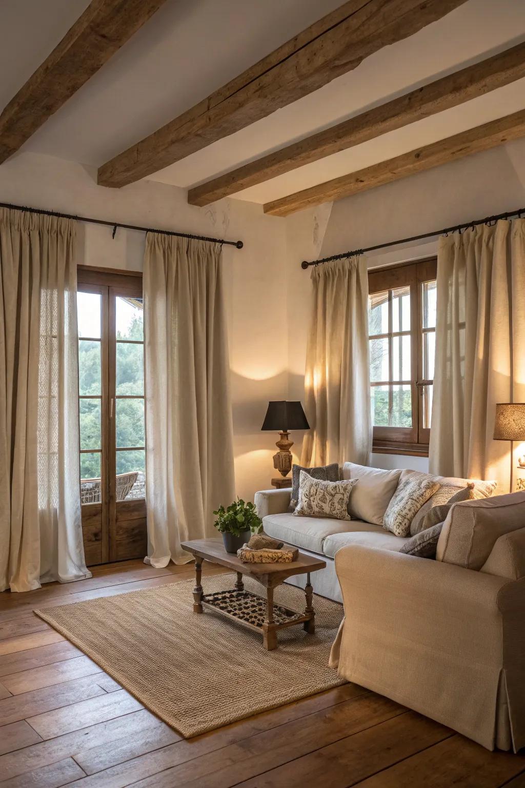 Neutral-toned drapes complementing hardwood floors in a serene farmhouse living area.