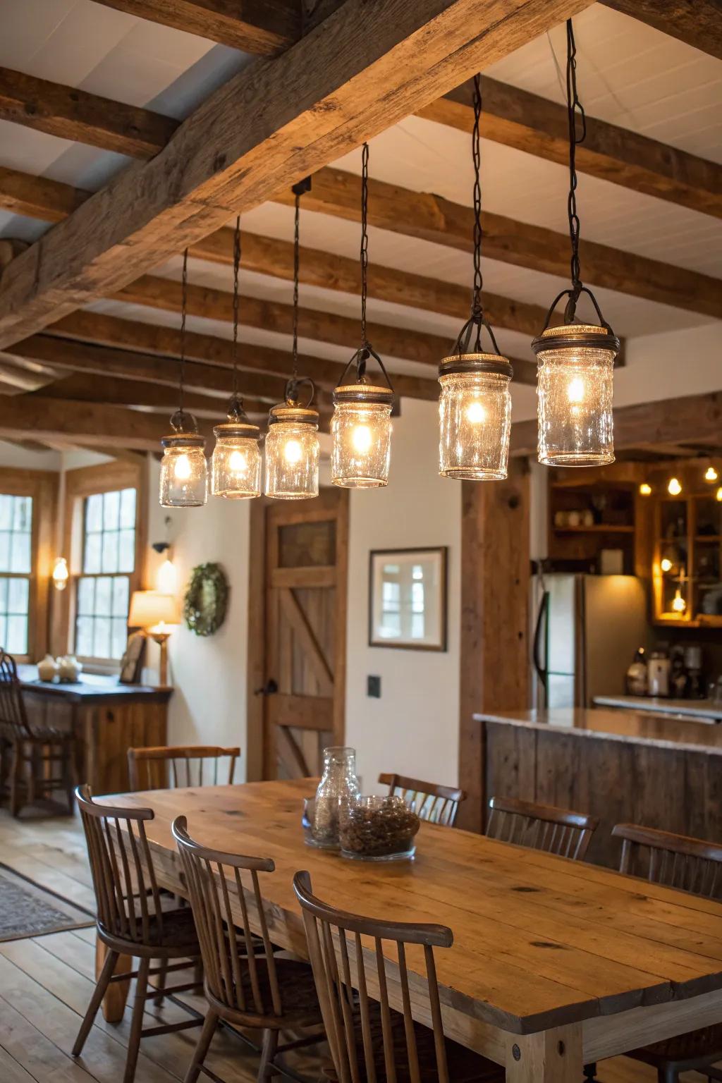 Bottle pendant lights introduce a country element to the dining area.
