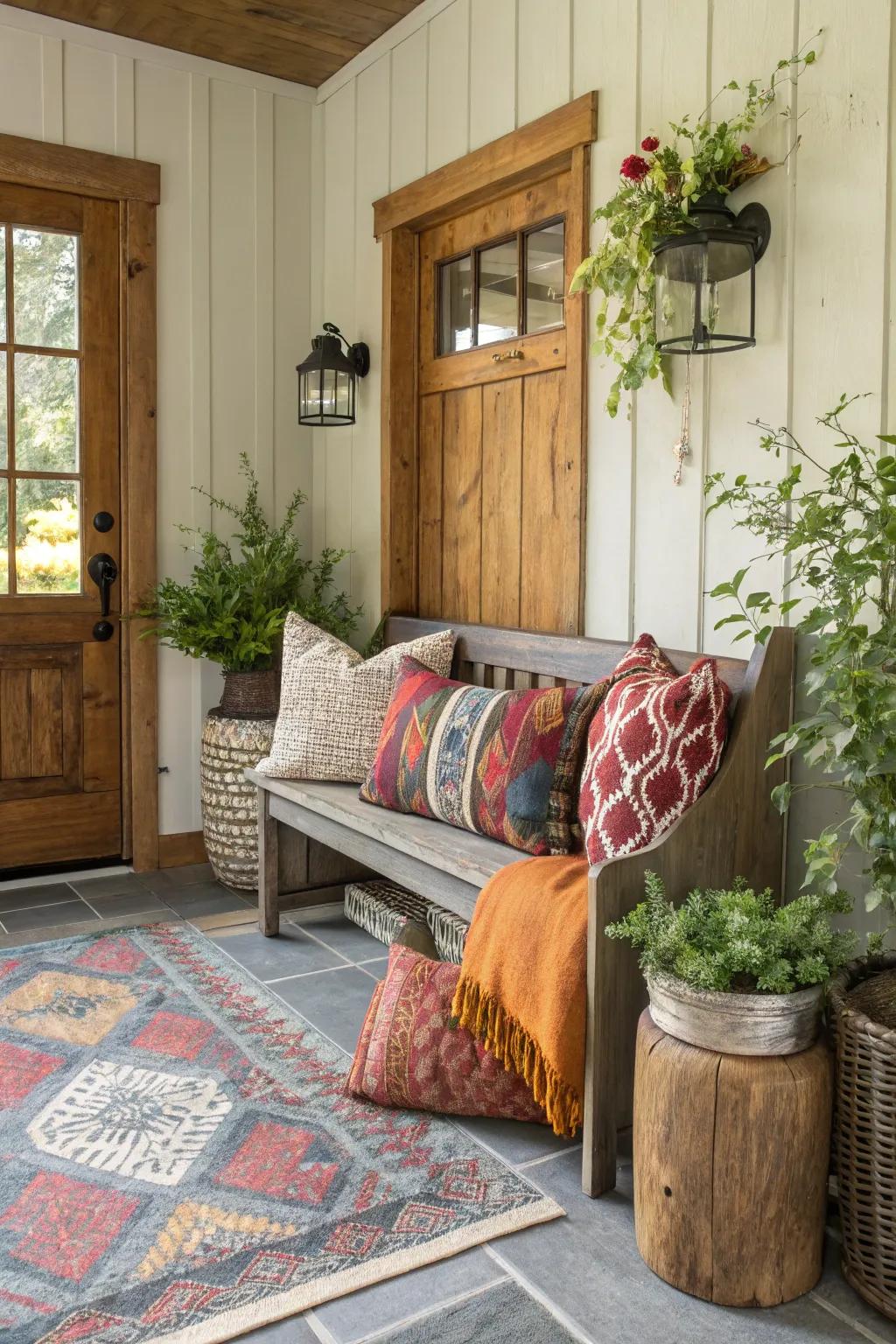 A farmhouse bench decorated with colorful, textured cushions.