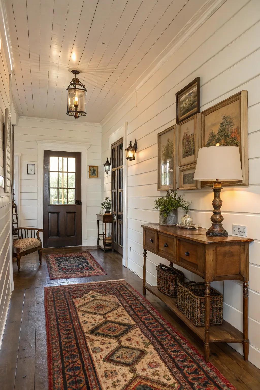 Country-style entryway showcasing elegant paneled walls for a traditional aesthetic.