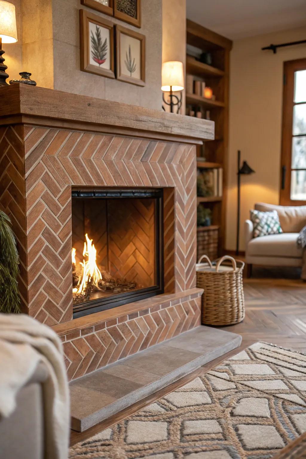 A polished chevron tiling arrangement on a farmhouse fireplace.