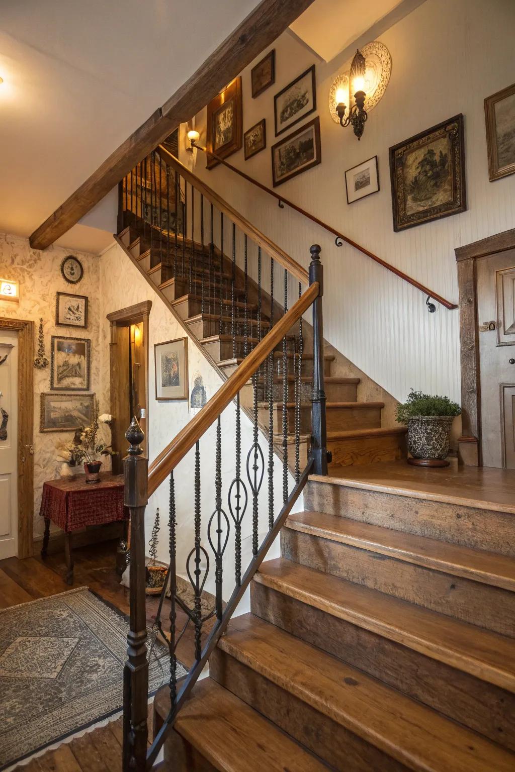 A fashionable combination of metal and wood banisters for a modern farmhouse vibe.