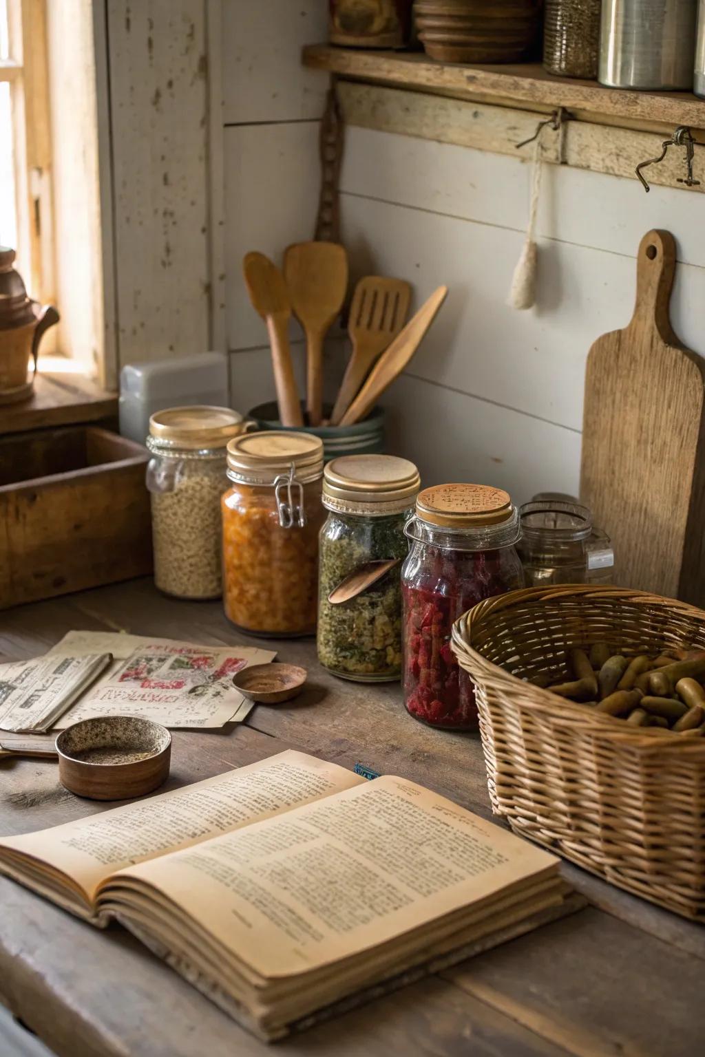 Appealing classic containers adding personality to a farmhouse cooking area.