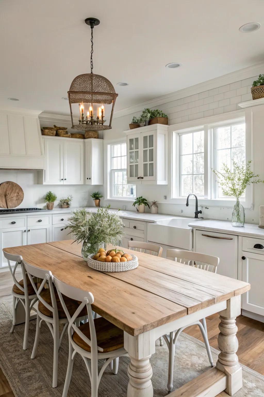 A radiant farmhouse kitchen featuring white cabinetry and soft neutral touches.