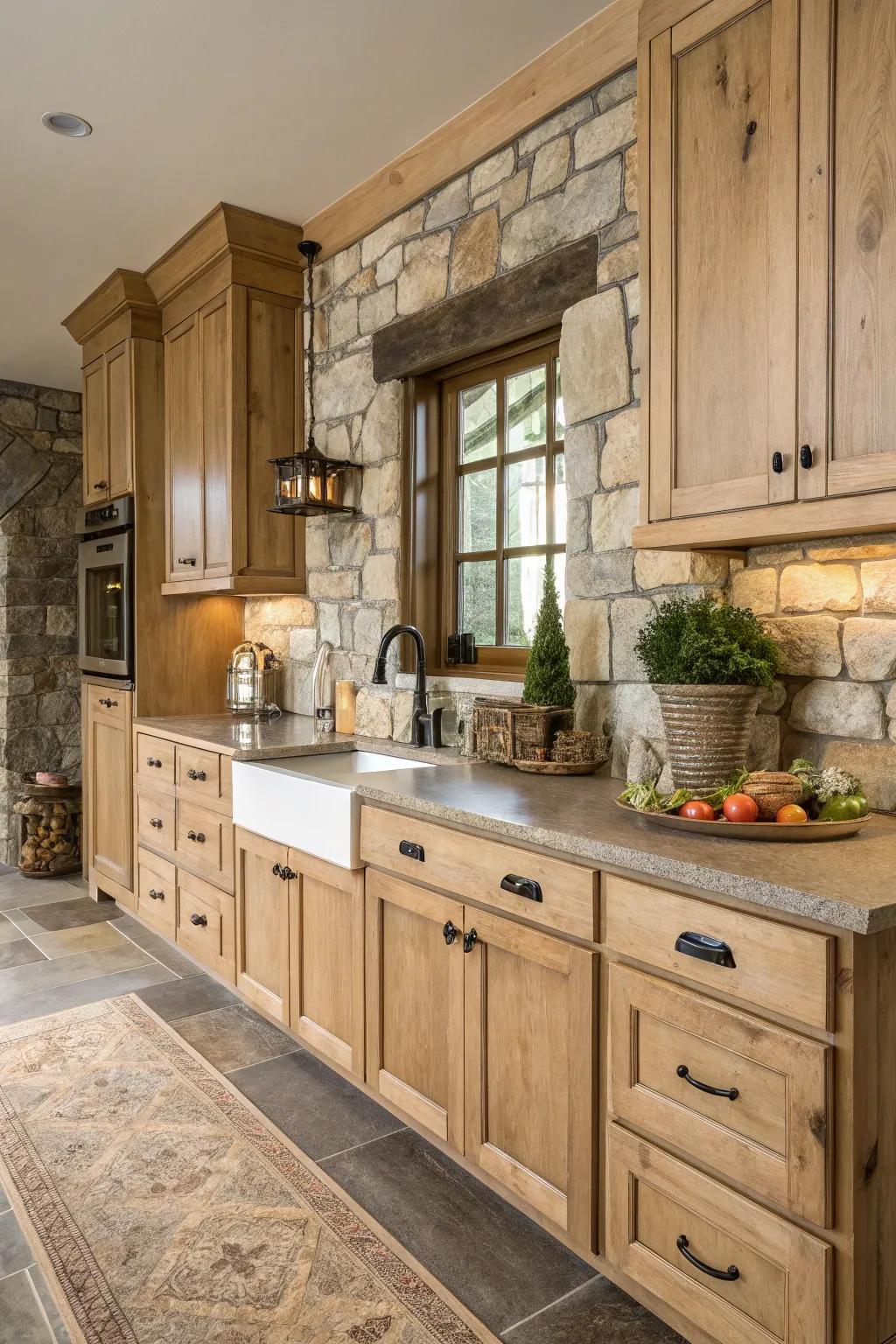 A balanced mix of pale timber cabinetry and stone features in a country-style cooking space.