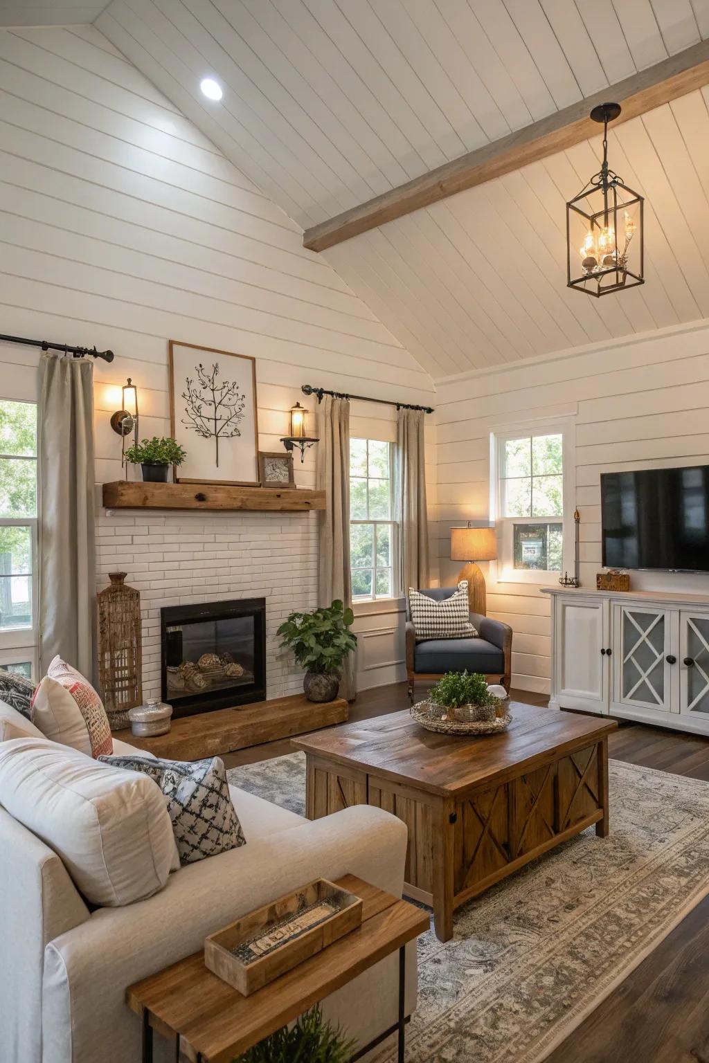 Wood panel walls fashion an appealing and textured setting within this living space.