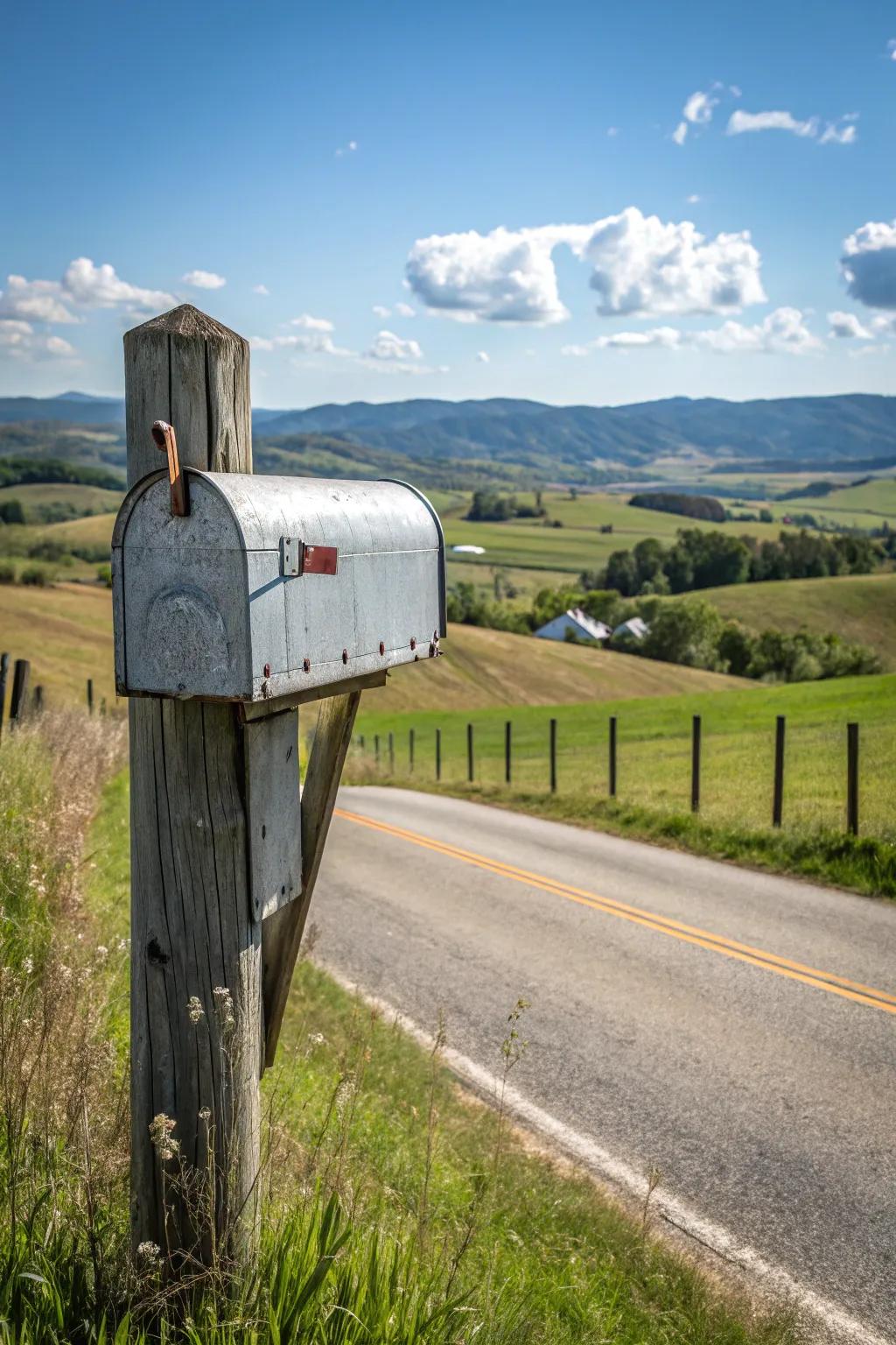 A shimmering steel mailbox introduces an industrial touch to a country backdrop.