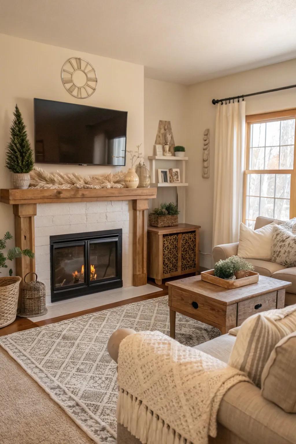 A serene farmhouse mantel featuring a neutral color scheme with a TV above.