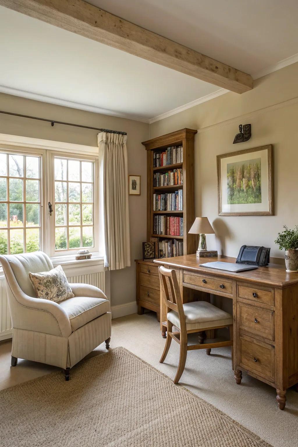 Earthy shades cultivate a serene office space.