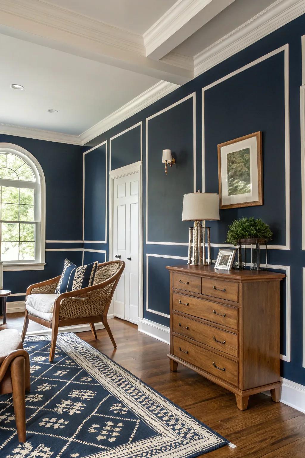 A rich indigo accent wall enriches this farmhouse room with elegance and depth.