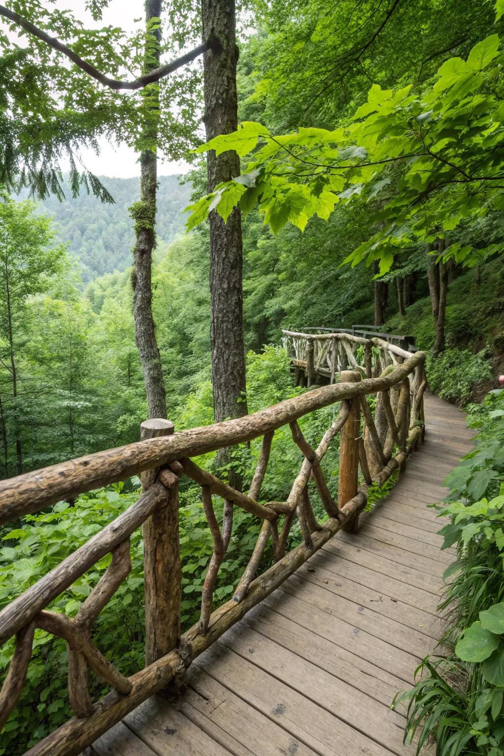 Nature's inspiration: Branch and log countryside railing.