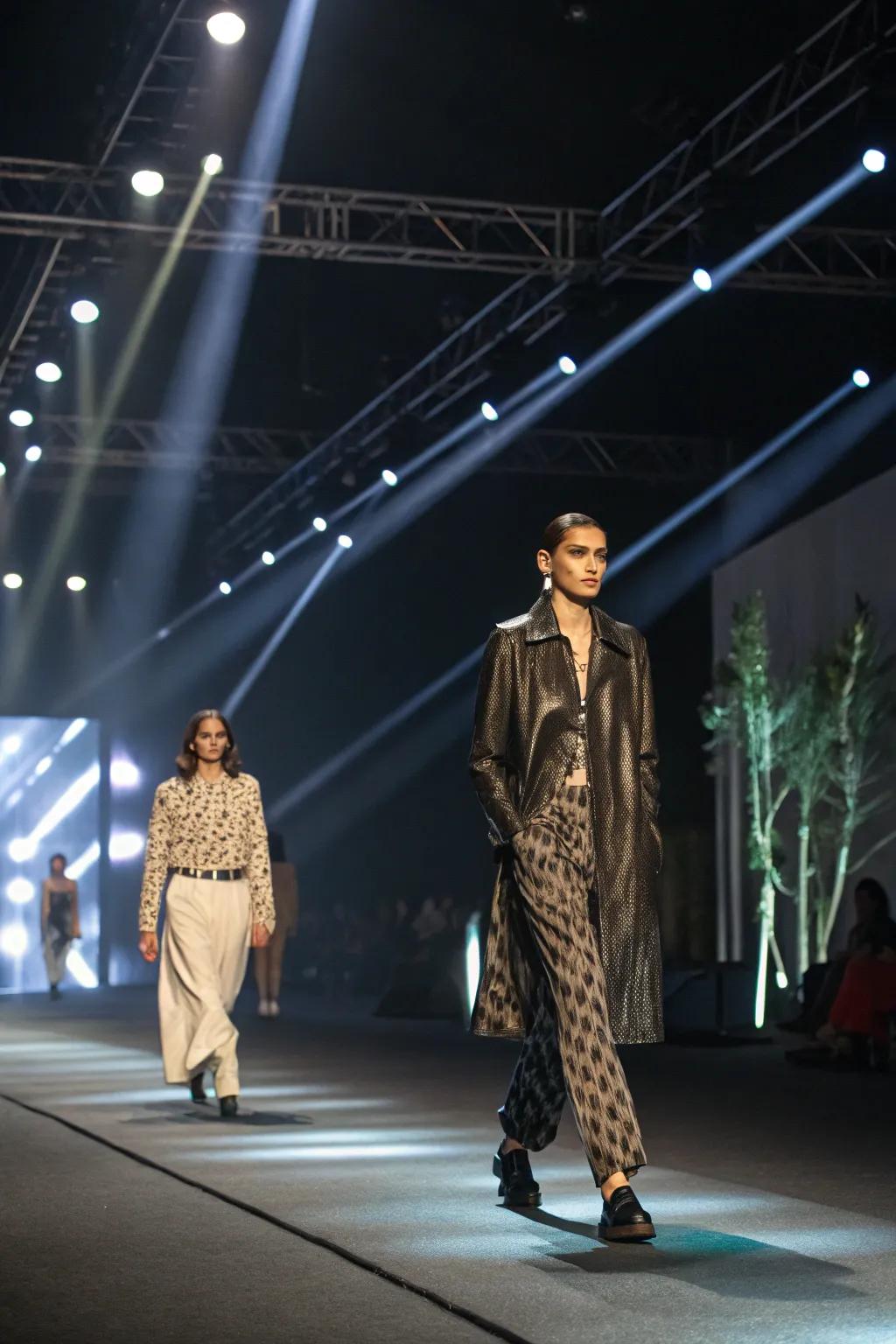Dynamic lighting effects illuminate a fashion show runway, establishing a captivating atmosphere.