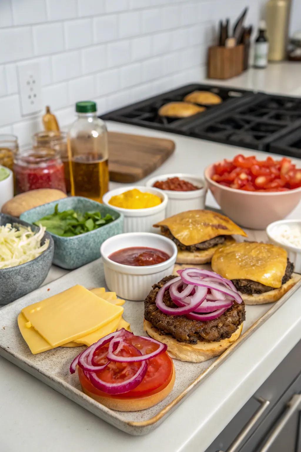 Create your perfect burger with a variety of toppings.