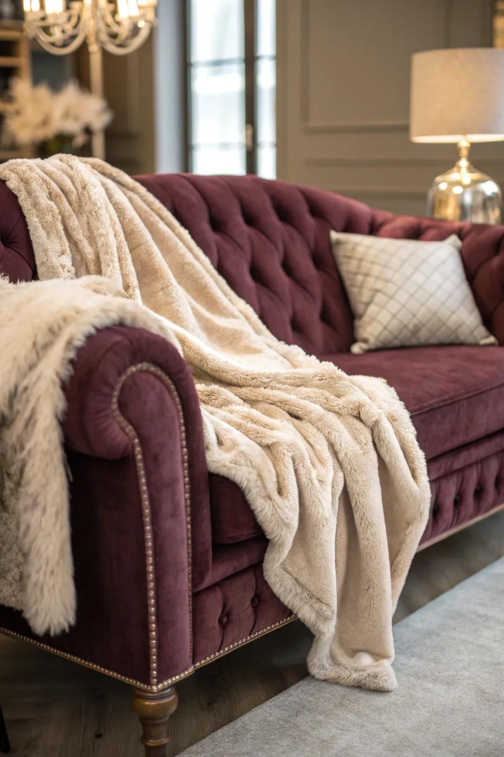 A velvet settee adorned with plush imitation fur throws, creating a lavish atmosphere.
