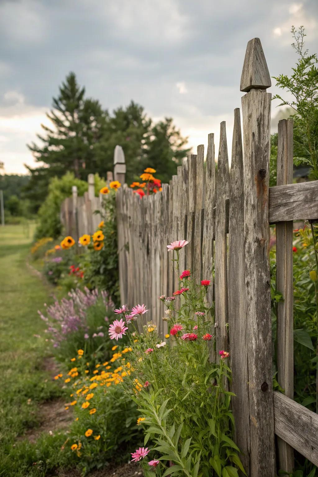 A country fence fashioned from upcycled wood enhances charm and sustainability.