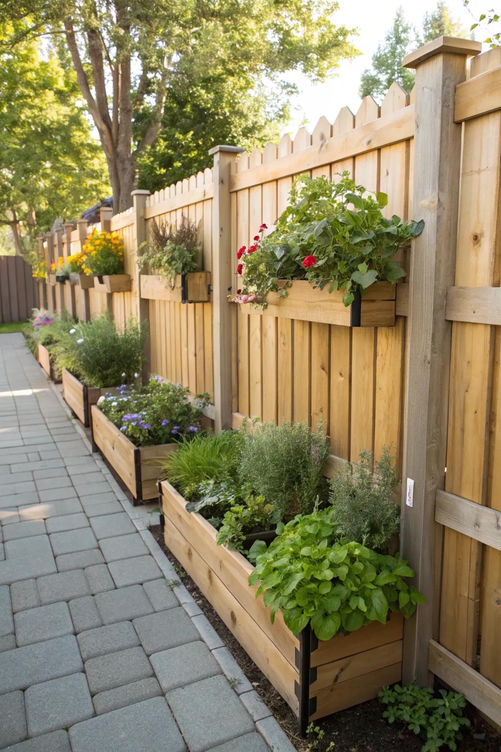 Wooden fence panels featuring integrated planters for a verdant display.