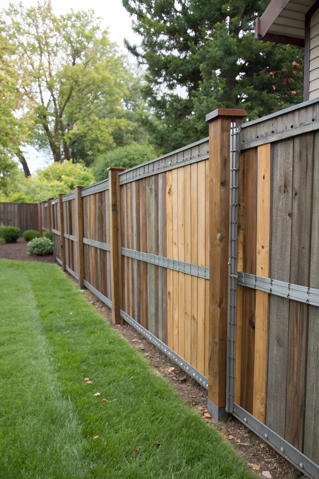 A seamless mix of lumber and metal for a contemporary fence design.