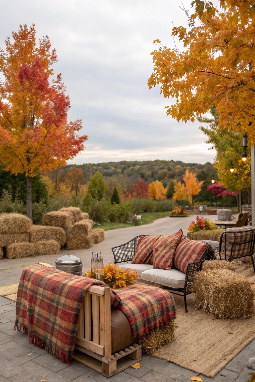Straw rolls provide an inviting seating area for outdoor fall festivities.