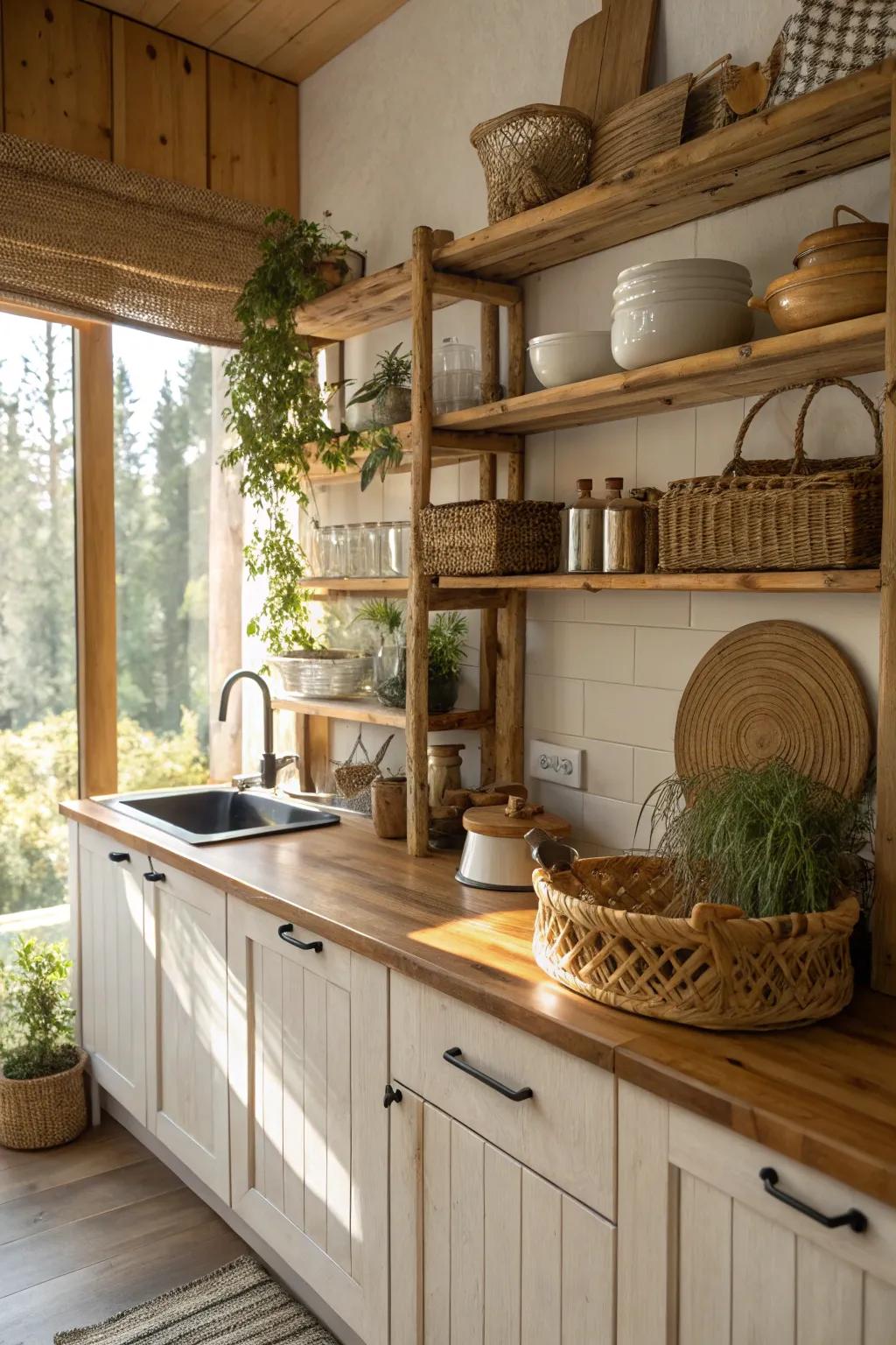 Natural elegance: A kitchen beautifully showcasing the use of timber and cane.