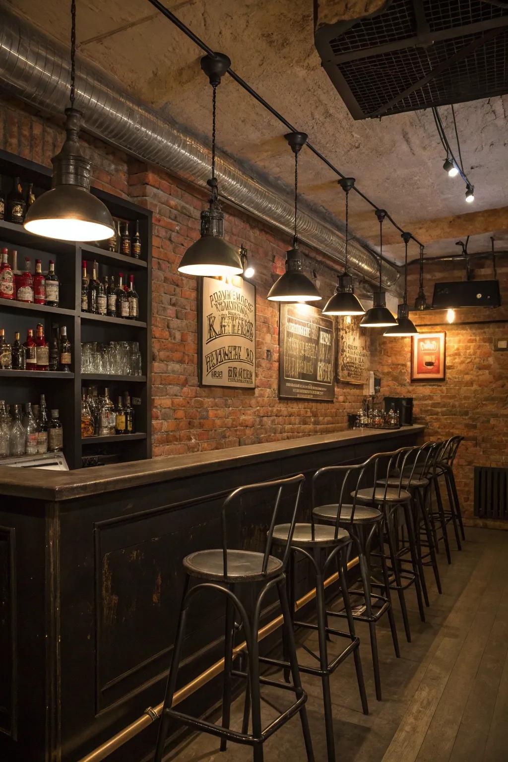 Embrace the unrefined charm of industrial design in your basement bar.
