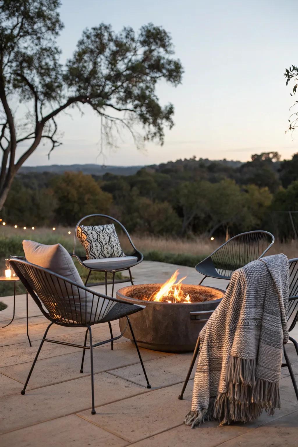 Modern metal chairs offer a sleek look for any fire pit area.