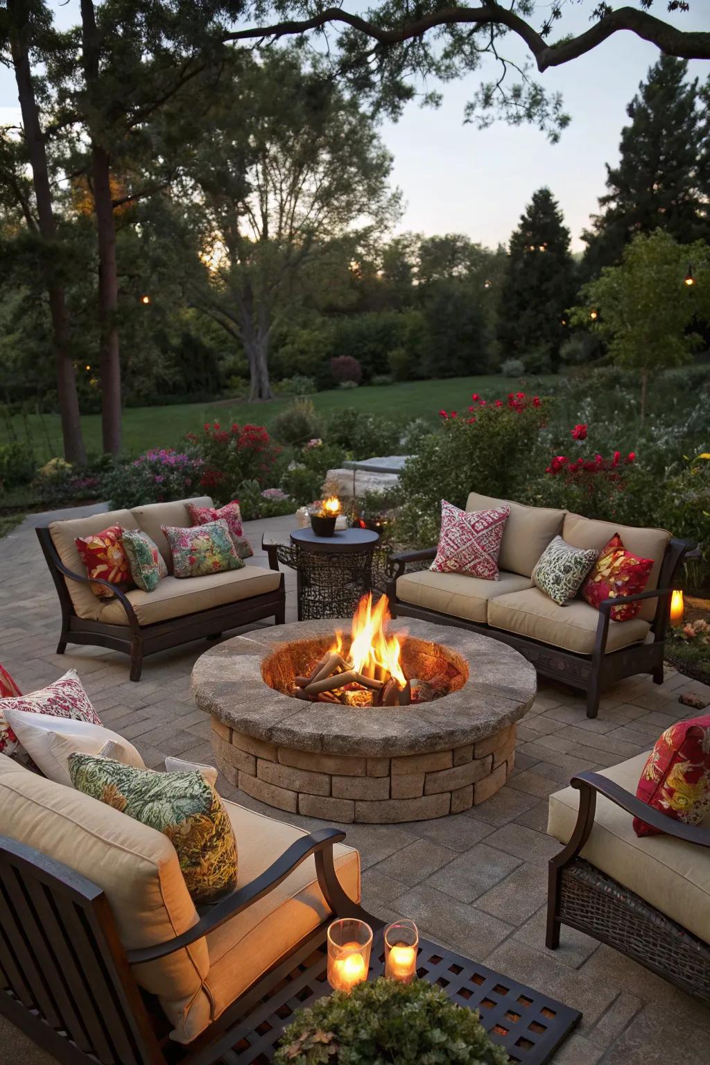 Cushioned seating offers both comfort and style around the fire pit.