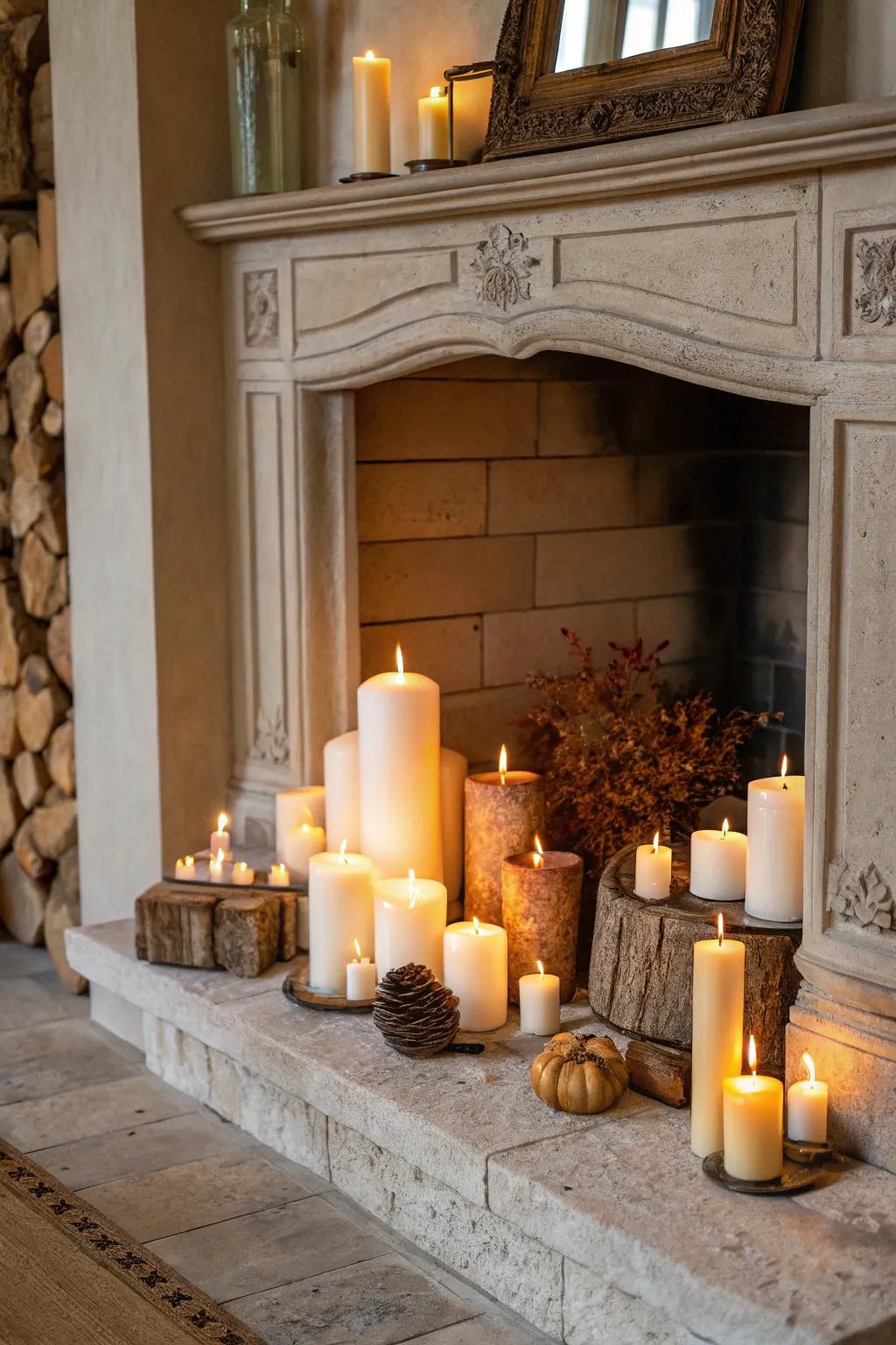 Fashion an elegant ambiance through a clustered arrangement of light sources in your fireplace.
