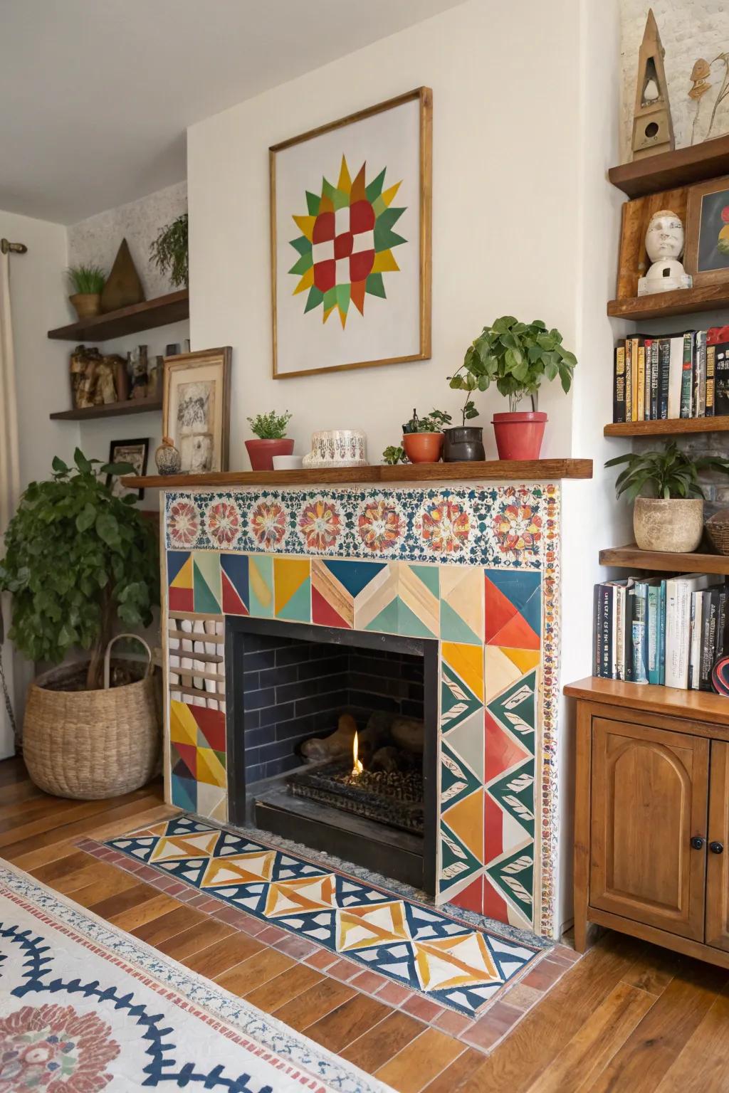 A striking geometric tile design turns this fireplace into an expressive work of art.