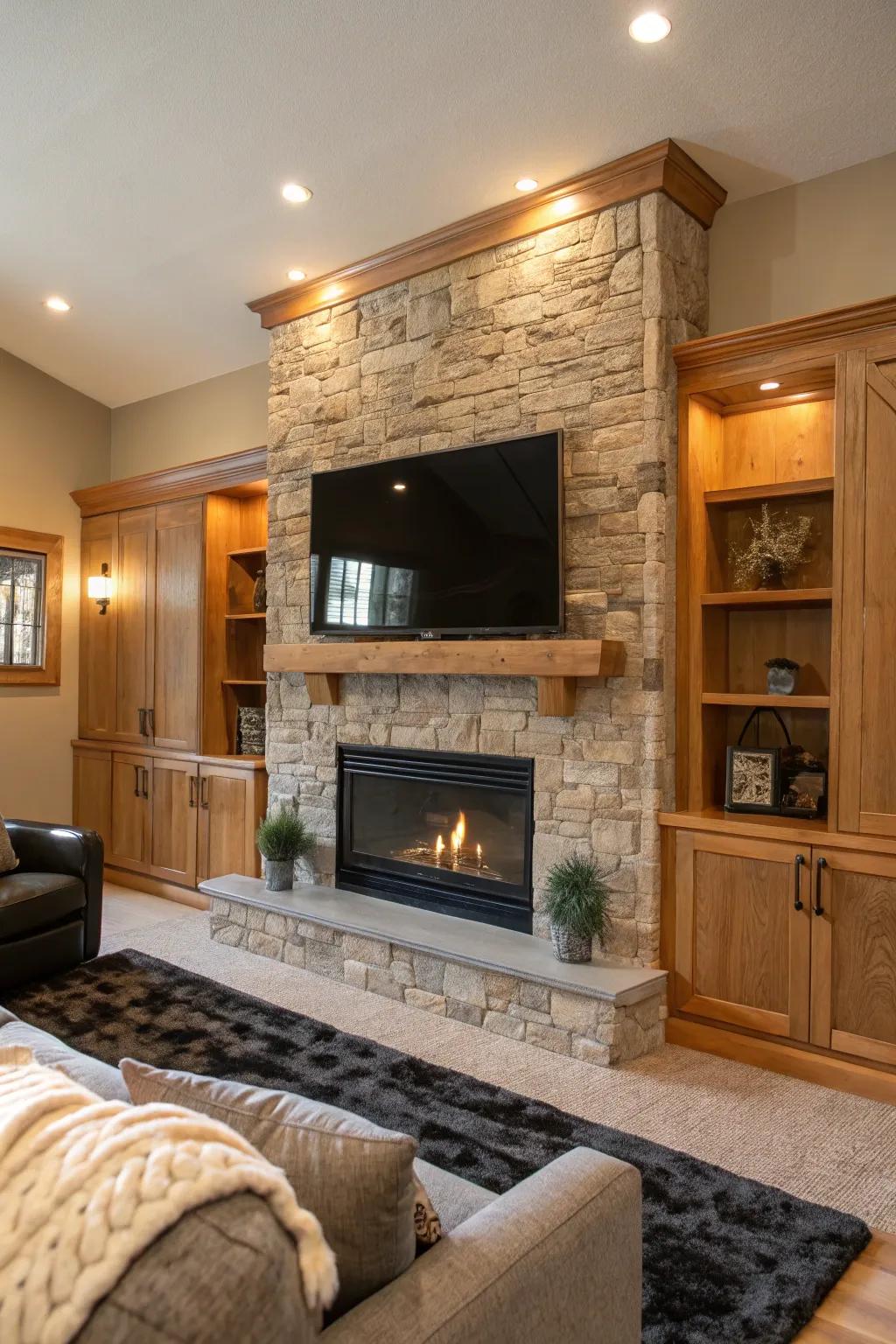 Attain balance through a combined TV and fireplace arrangement, providing a seamless aesthetic. #HomeHarmony #LivingRoomGoals