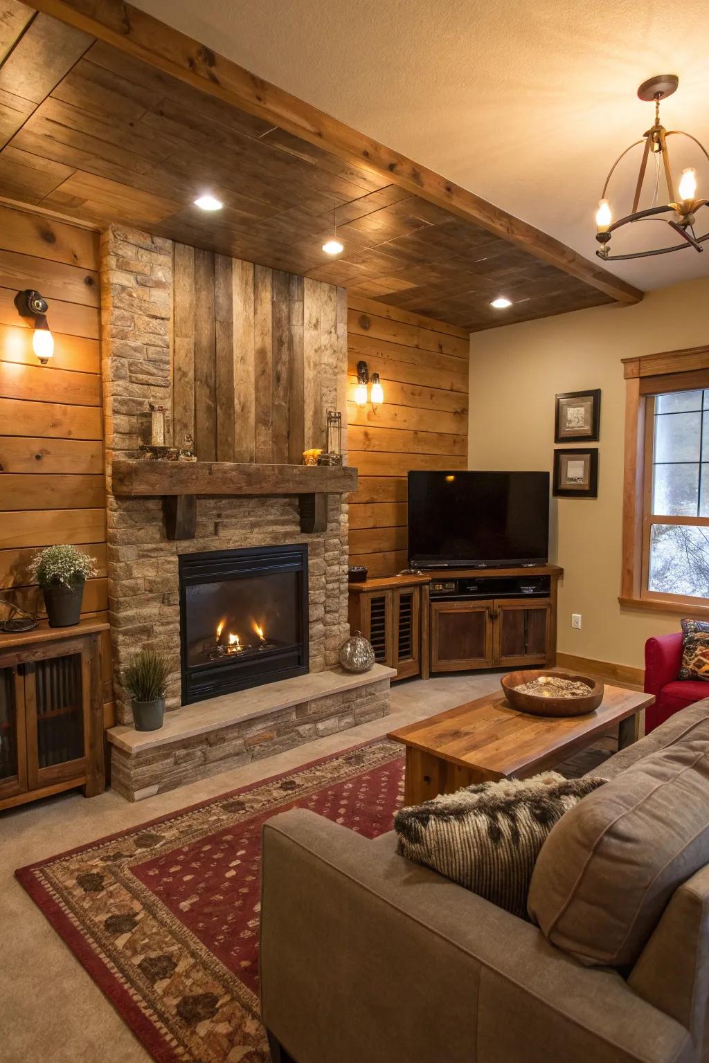 A warm family room showcasing a wood-accented fireplace wall and TV.