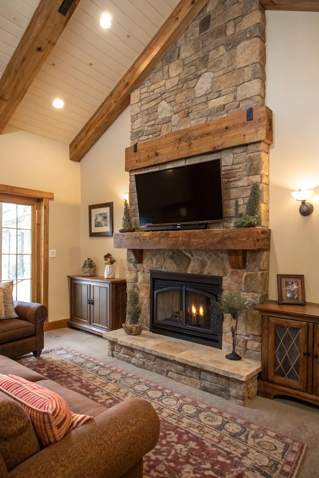 A warm rustic living room featuring a stone fireplace and TV setup.