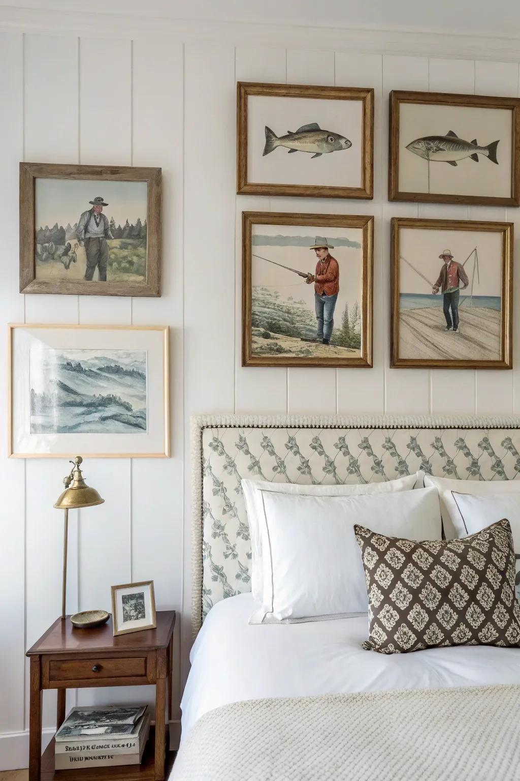 Artwork can serve as a captivating focal element in your fishing-themed bedroom.