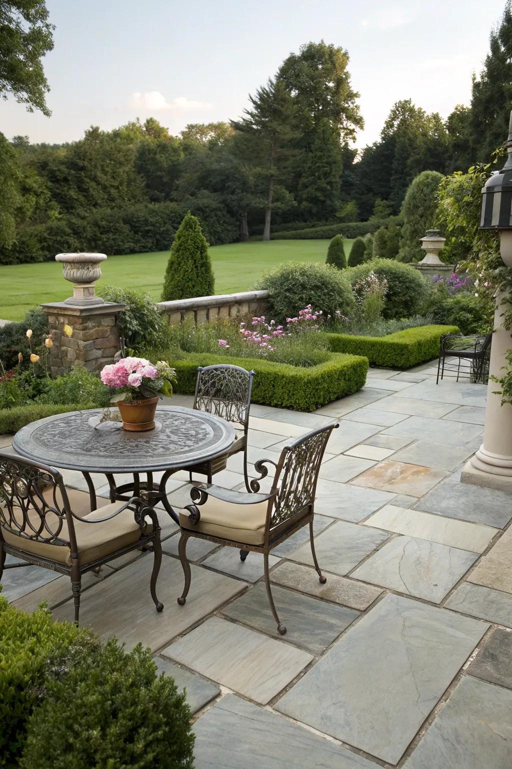 An elegant furniture arrangement gracing a flagstone patio.