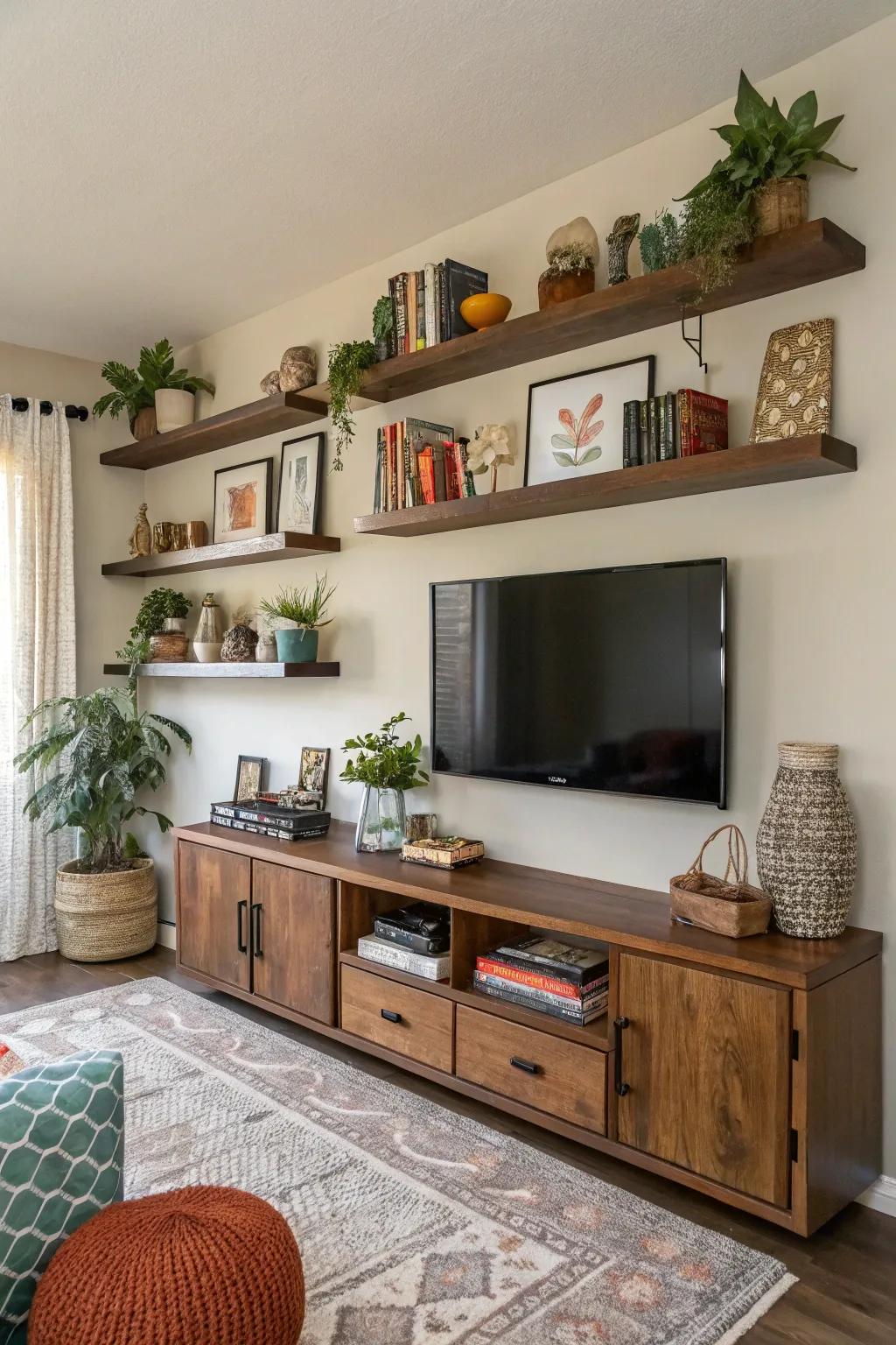 Varied shelf heights for dynamic visual appeal.