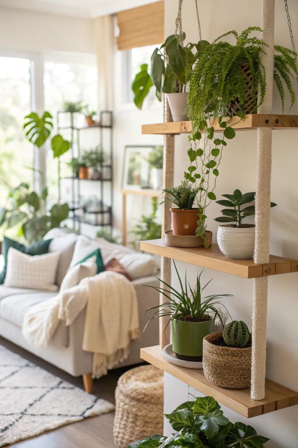 Floating shelves decorated with lush greenery