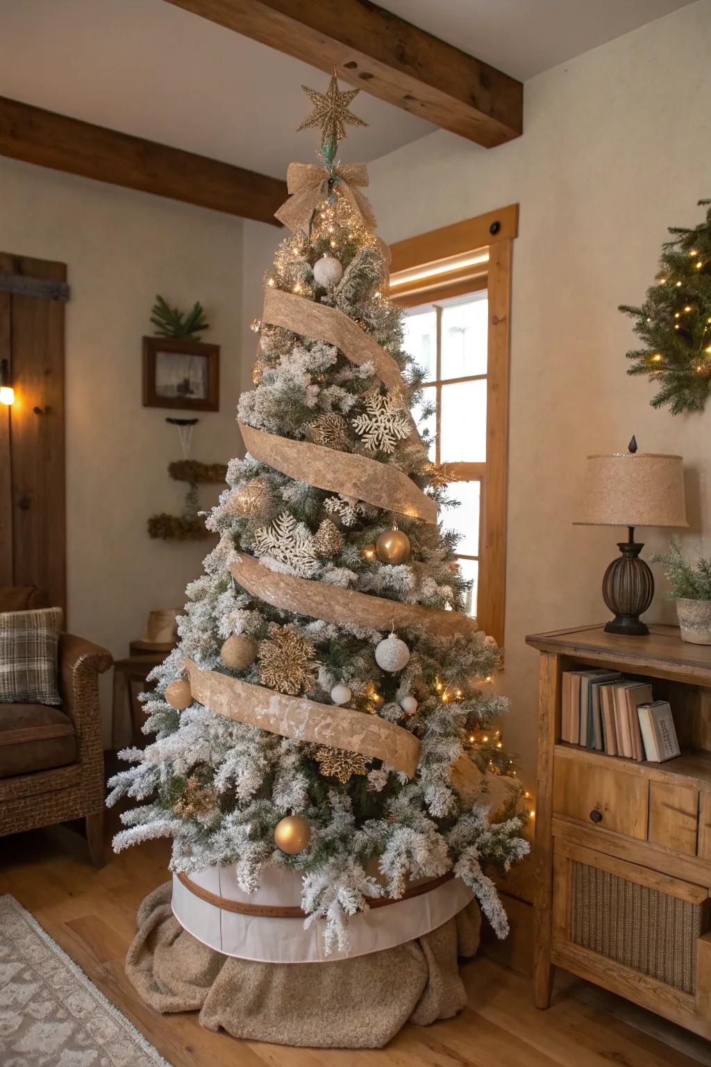 A country-inspired flocked Christmas tree featuring hessian and timber touches.
