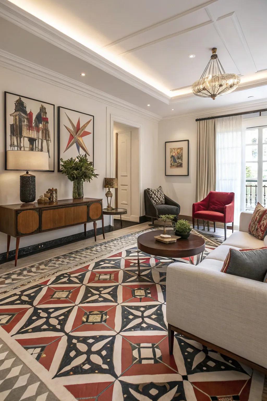 Symmetrical patterns introduce a vibrant element to floor styling.