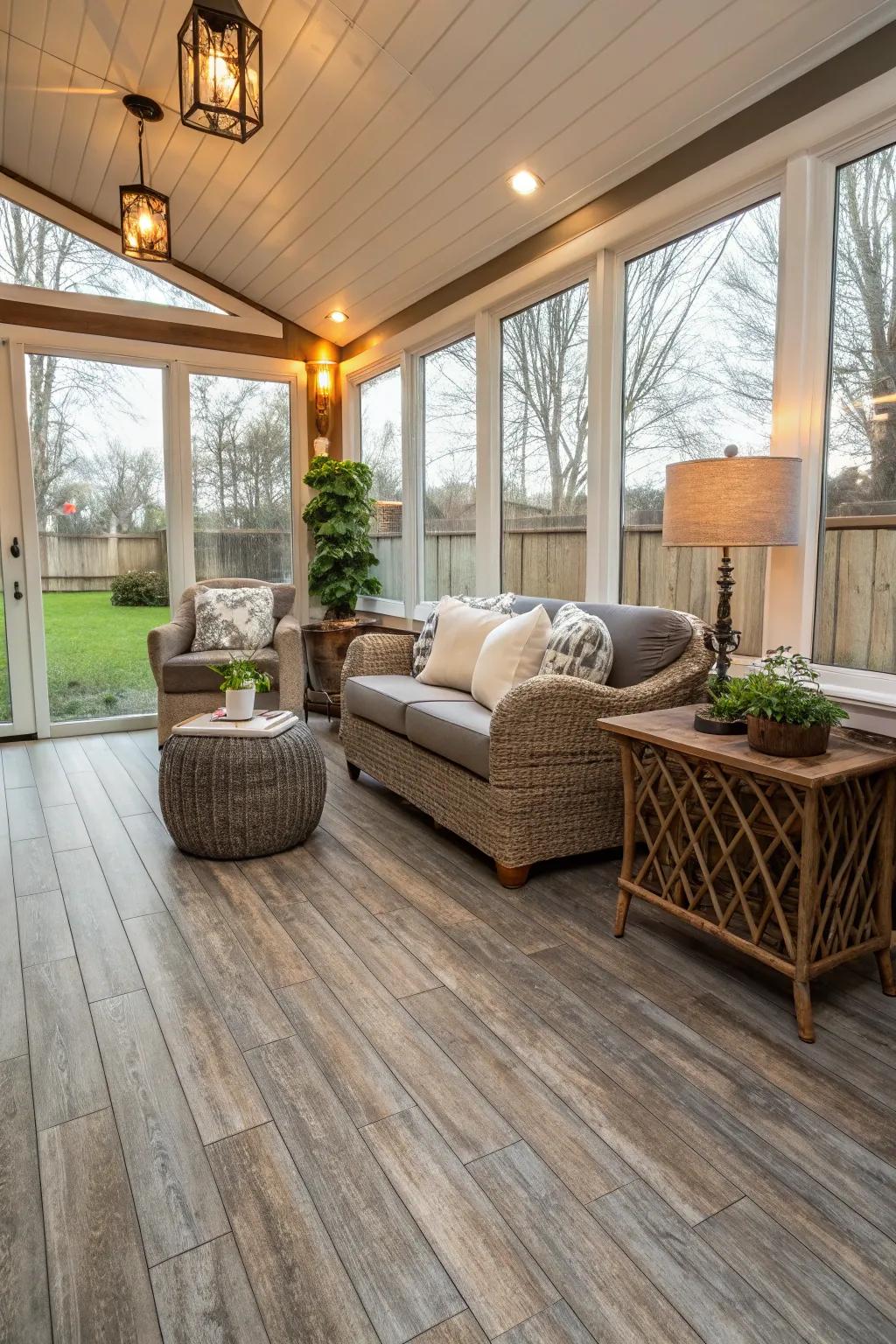 Vinyl strip flooring delivers both style and resilience in a three-season room.