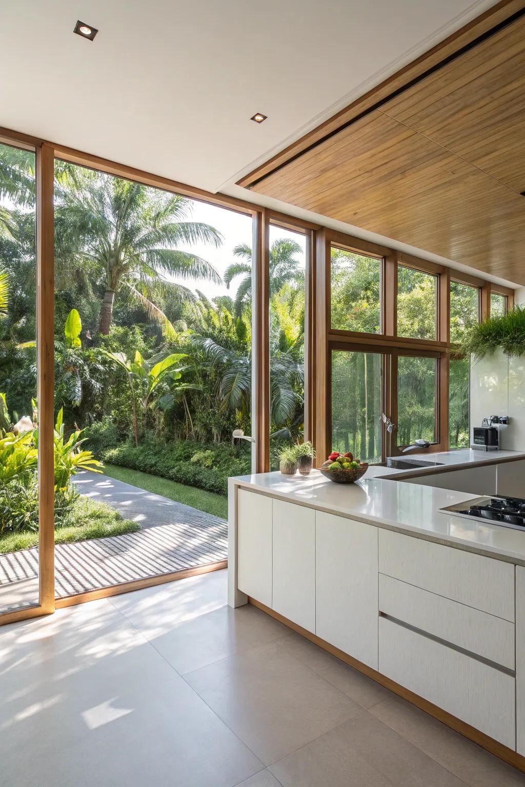 A sun-drenched kitchen, emphasizing a fluid connection to the landscape.
