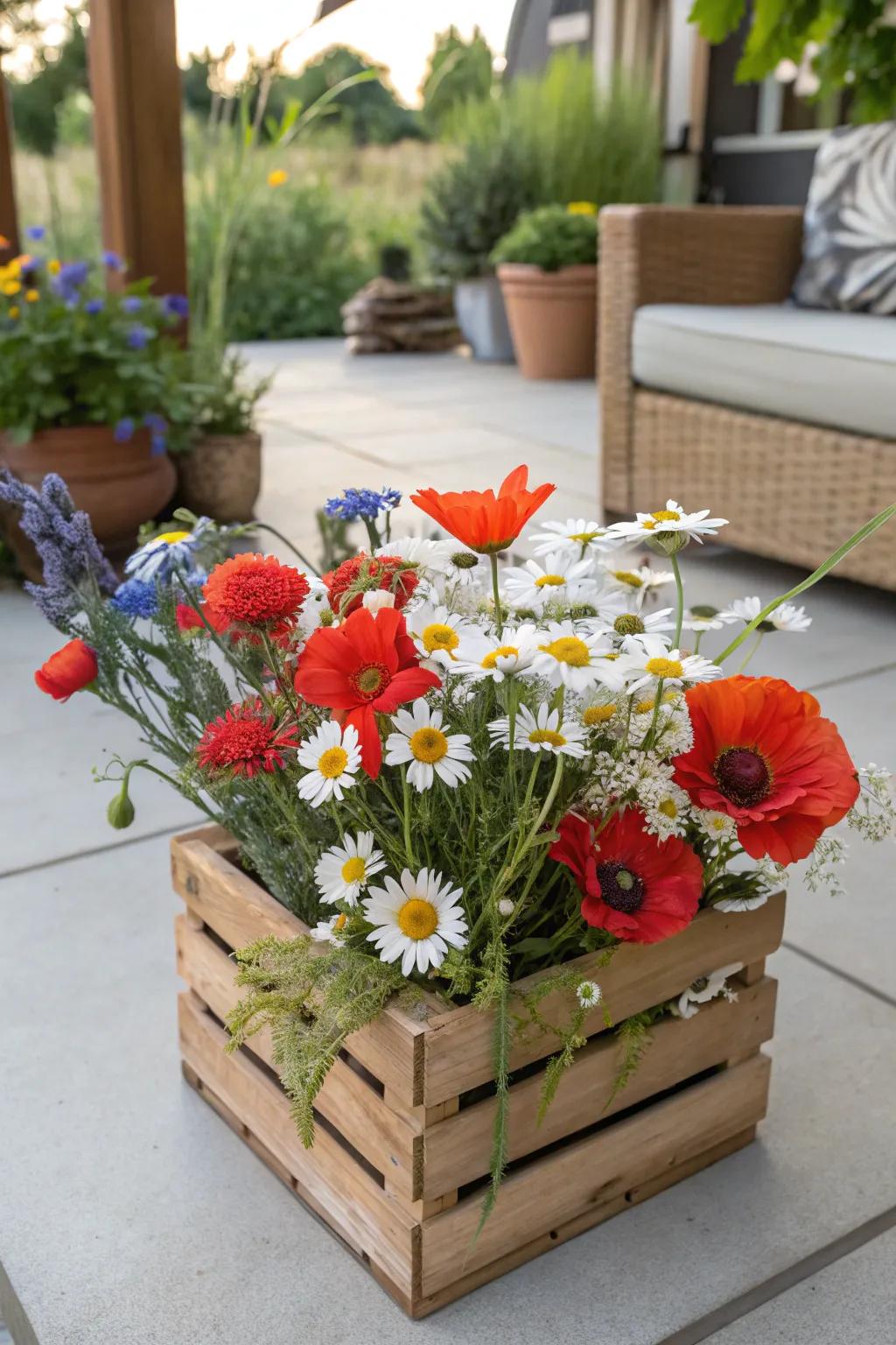 A whimsical wildflower bouquet establishes a serene atmosphere on a patio.