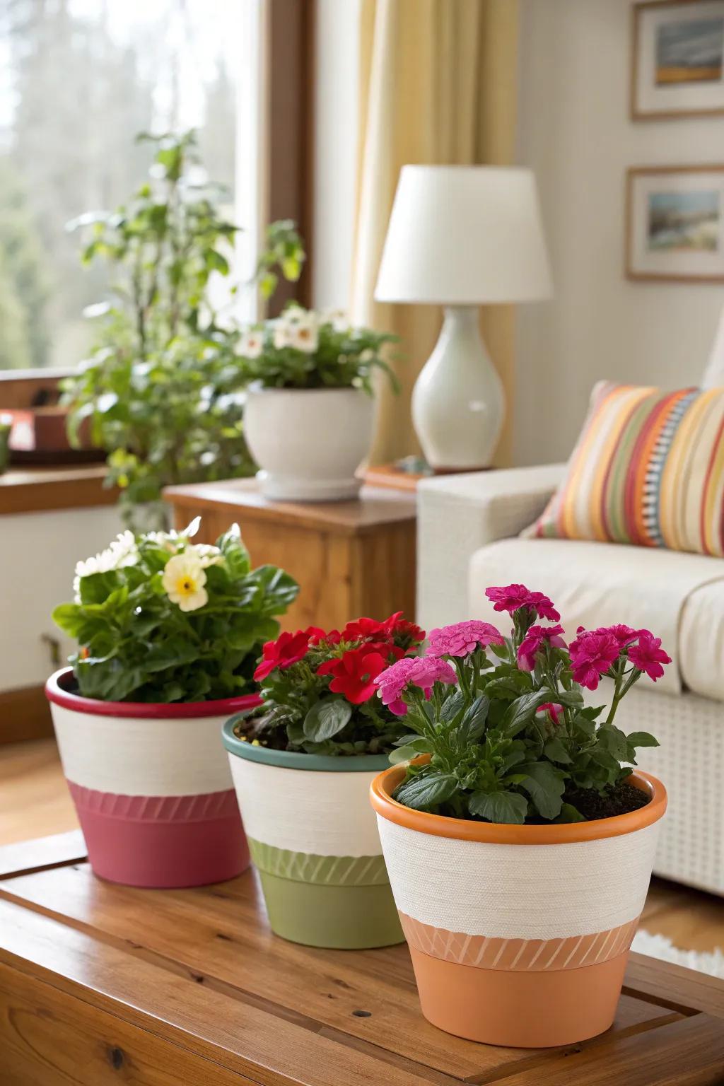 Coordinated flower containers creating a cohesive aesthetic.