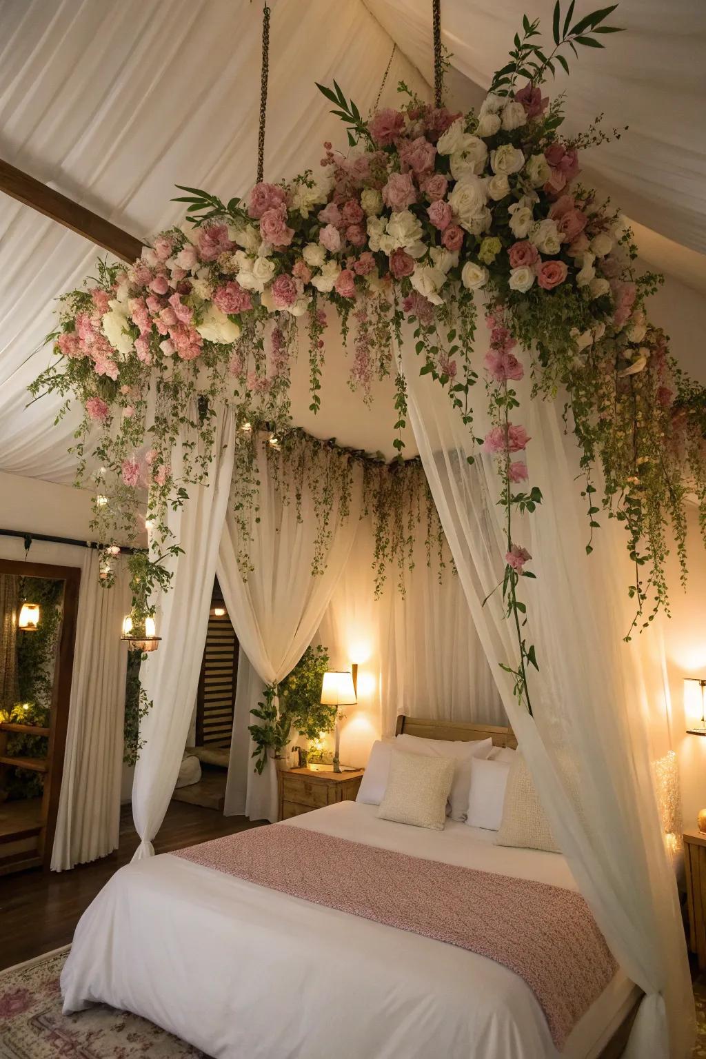 Add romance to your bedroom with a hanging flower drape.