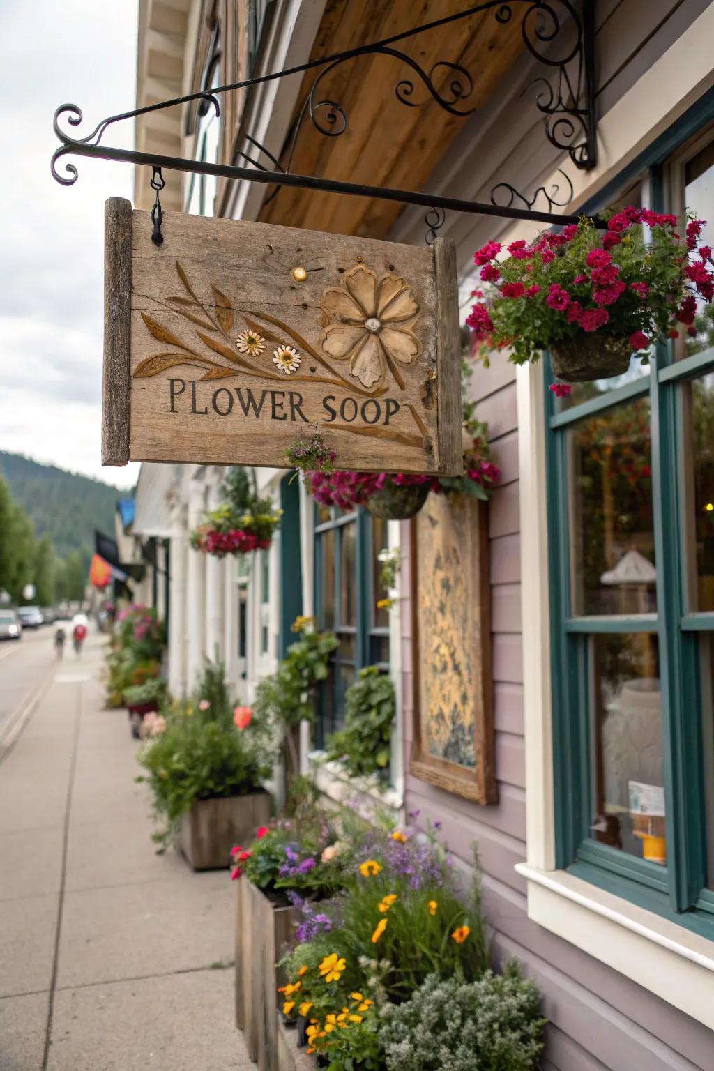 Rustic wooden sign bringing timeless elegance to the shopfront