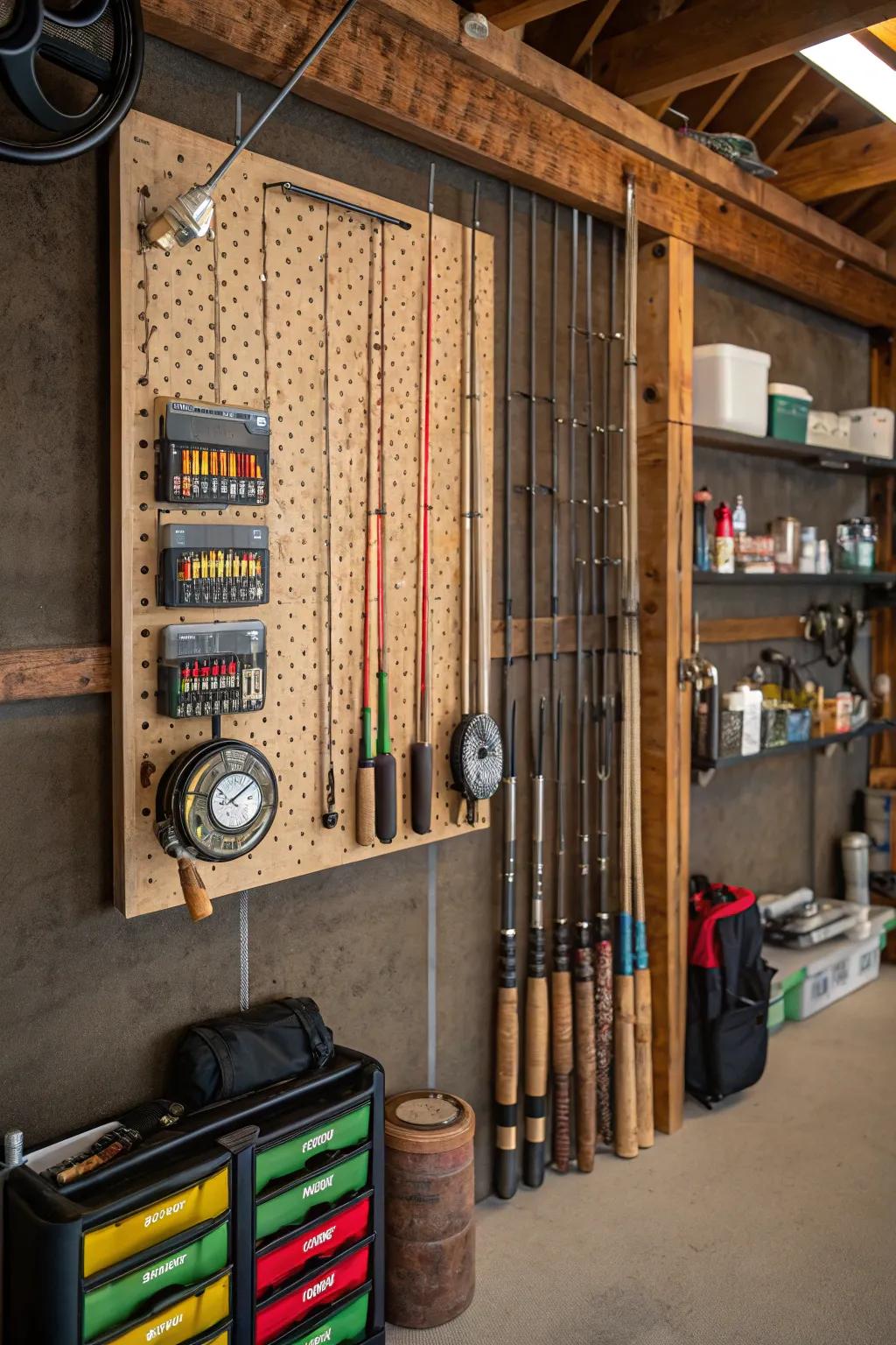Pegboard system for versatile gear storage.