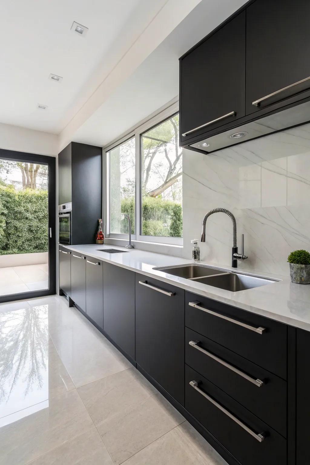 A minimalist kitchen featuring a sophisticated metallic unattached sink.