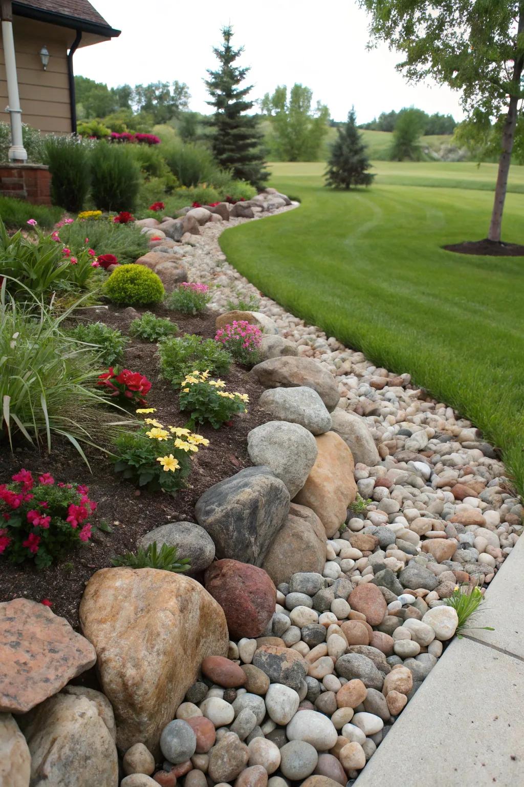 A drainage system cleverly concealed beneath a collection of ornamental stones.