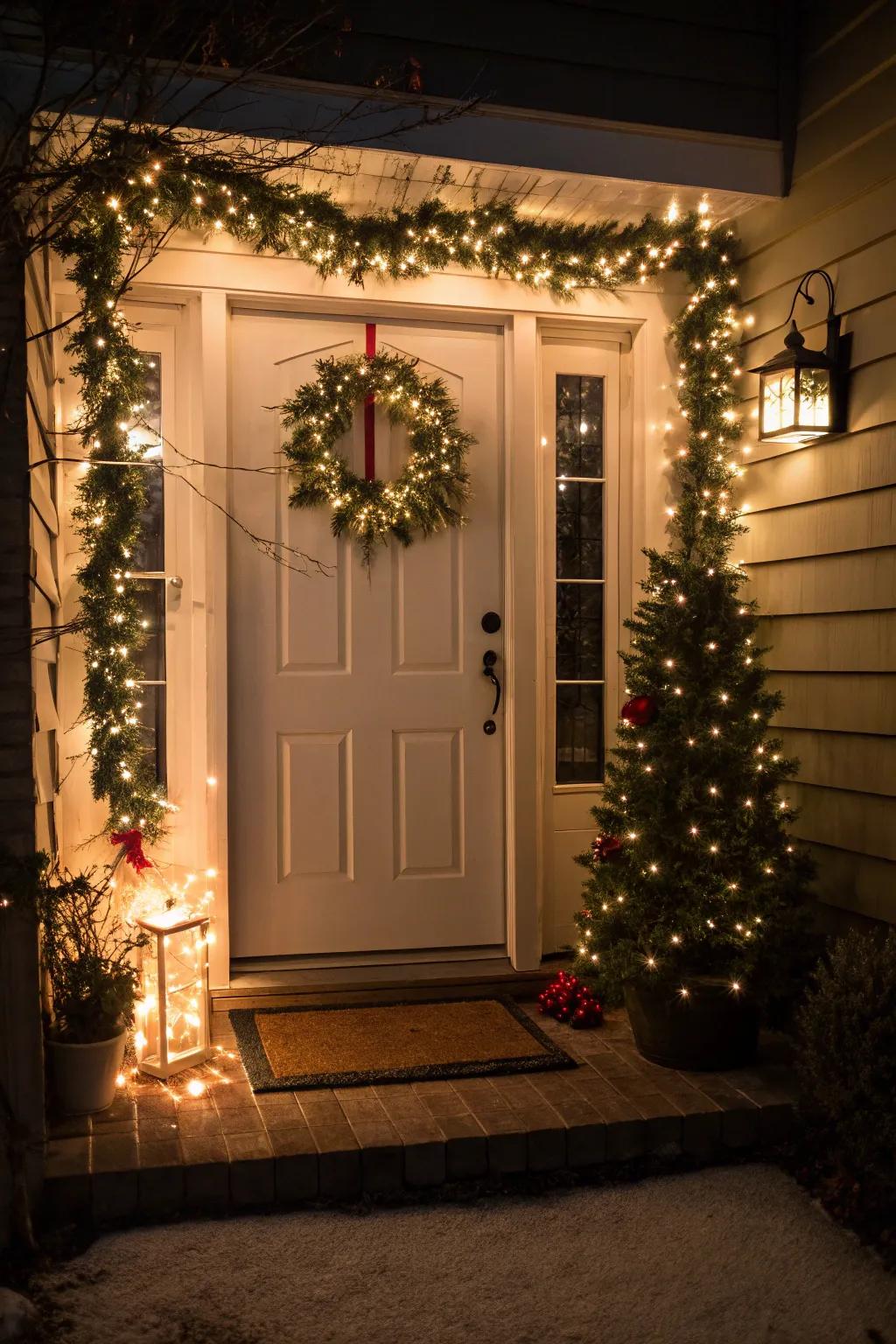 Glistening illumination chain encircling the doorframe.
