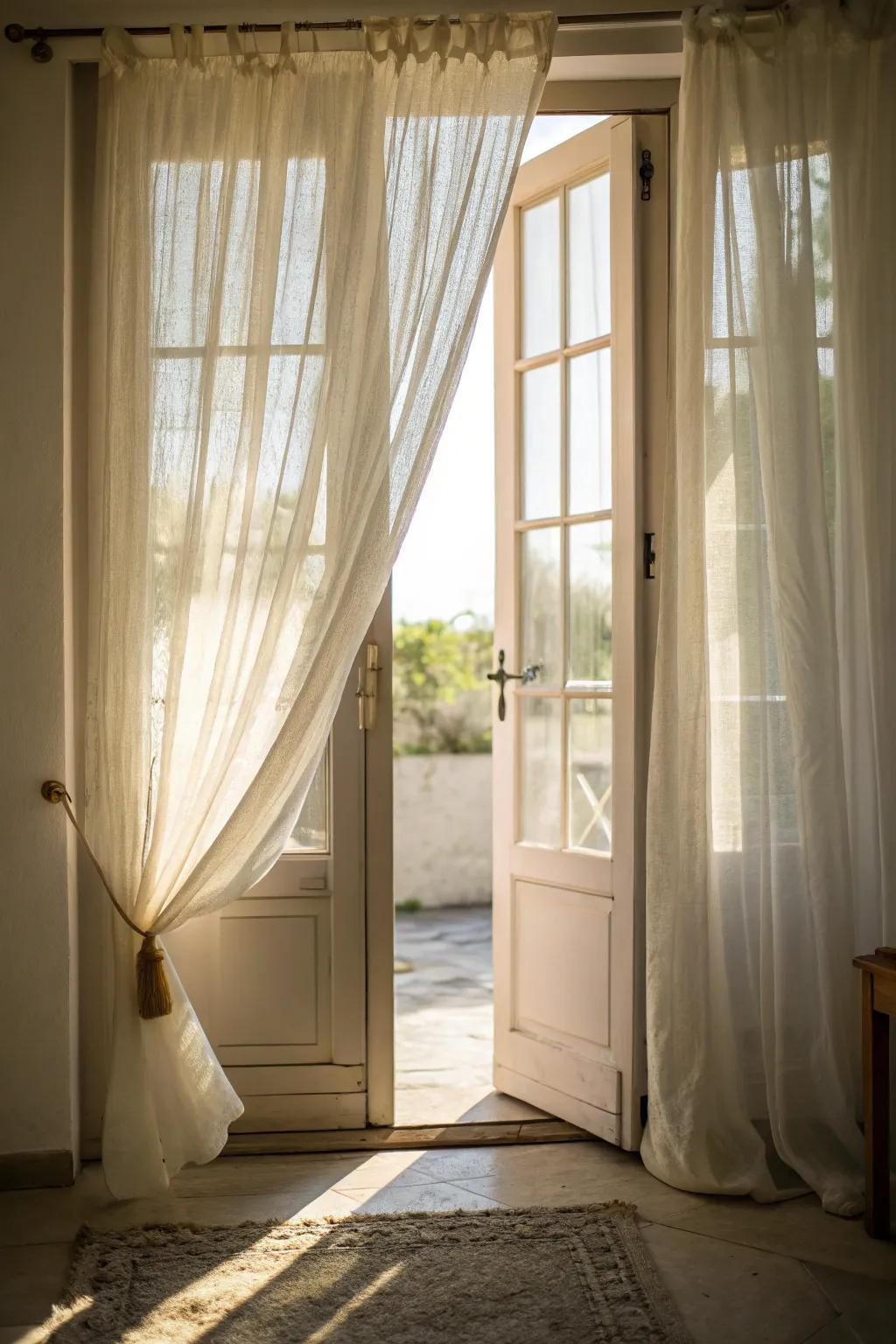 Translucent curtains allowing natural light to enter, crafting a spacious entry.
