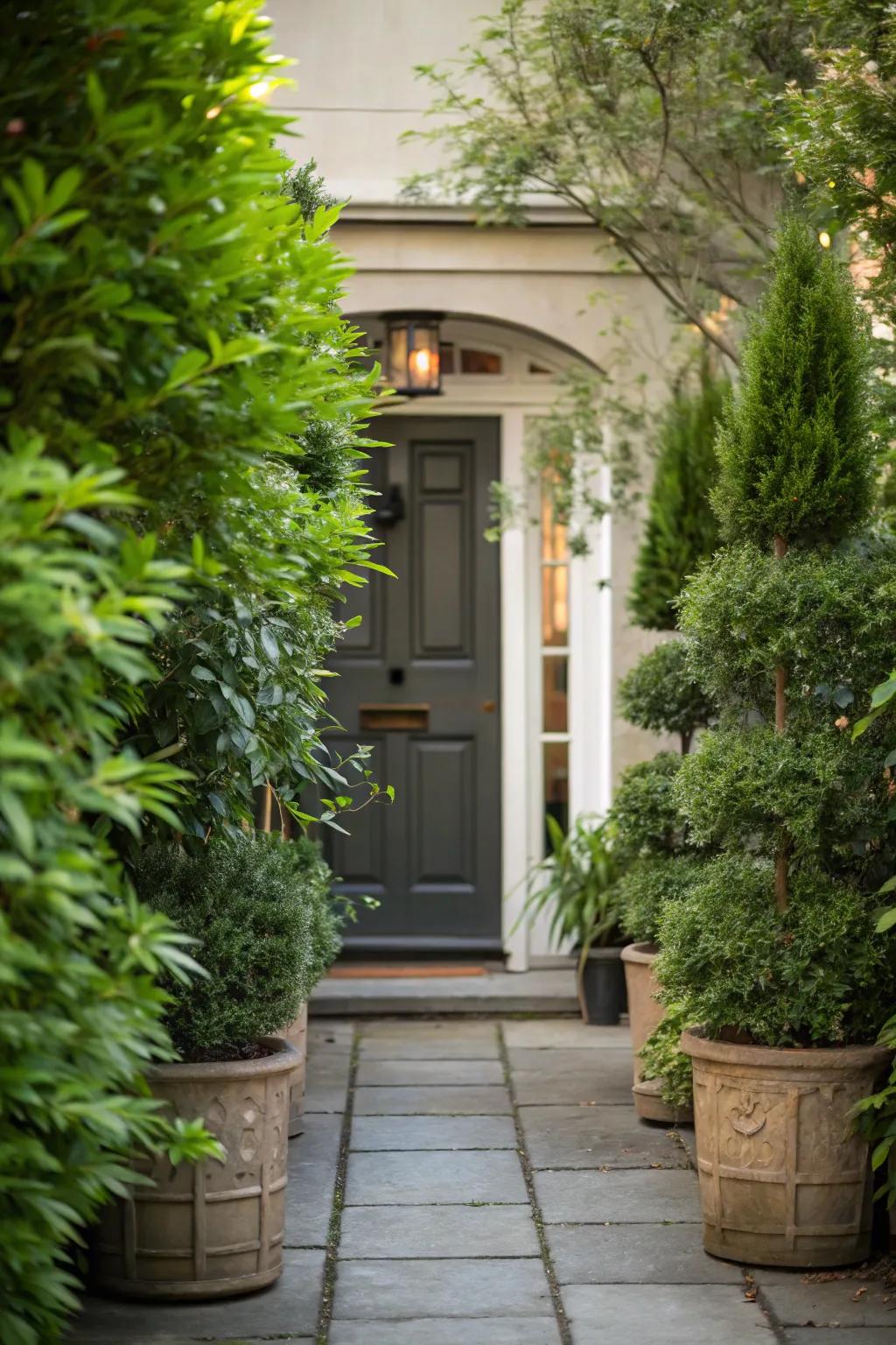 Tall vase plants provide a vibrant welcome at the entrance.