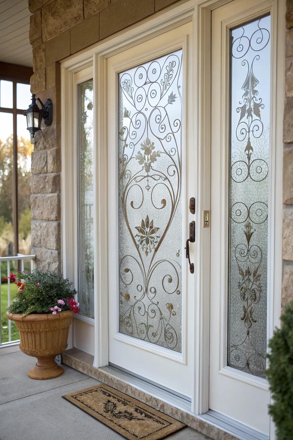 An artistic window overlay fitted to a front door for added privacy.